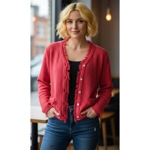 Willow Sweater Cardigan Womens Size XL Red Cotton Fringe Pockets Made in USA NWT